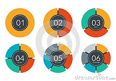 Pie Chart set. Circle graph or diagram wit 6 steps, sections oe parts. Round infographic template for Ui, web and graphic design. Vector Illustration